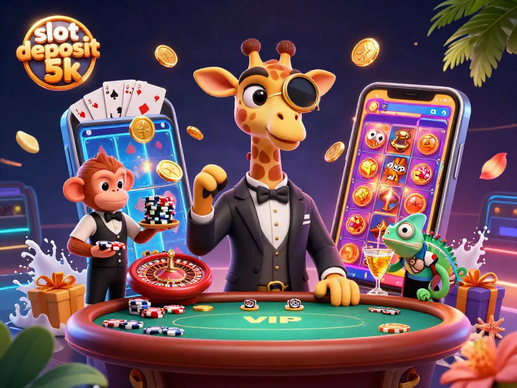 Experience slot deposit 5k thrills with vibrant characters and casino elements in this dynamic illustration.