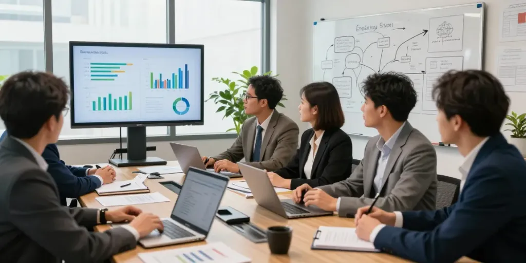 Carbonxgen consultants discussing sustainable energy strategies in a modern office.