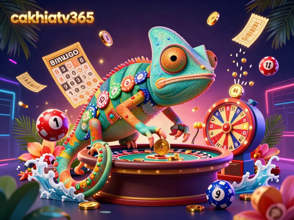 Engage with cakhiatv365's vibrant casino illustration featuring a colorful chameleon owner amidst dynamic lottery elements.