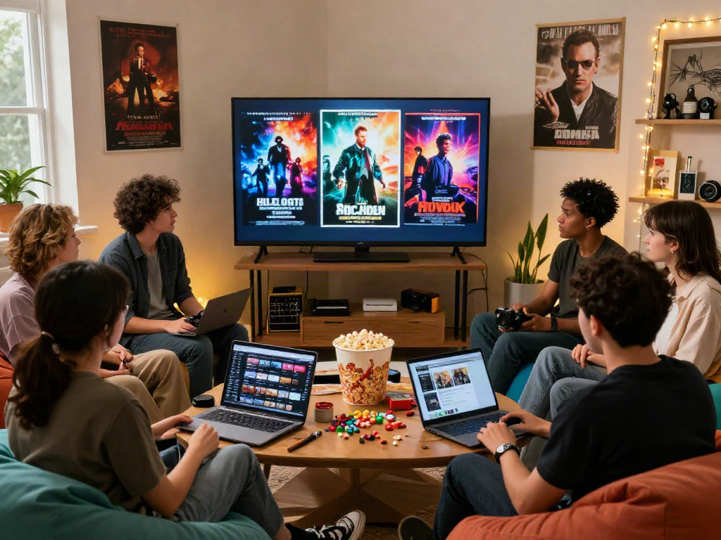 Filmyzilla film enthusiasts discussing movie trends in a vibrant studio setting.