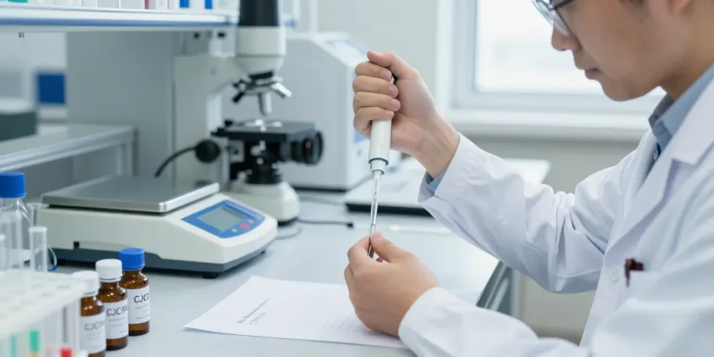 Researcher examining CJC/IPA samples in a state-of-the-art laboratory, emphasizing quality.