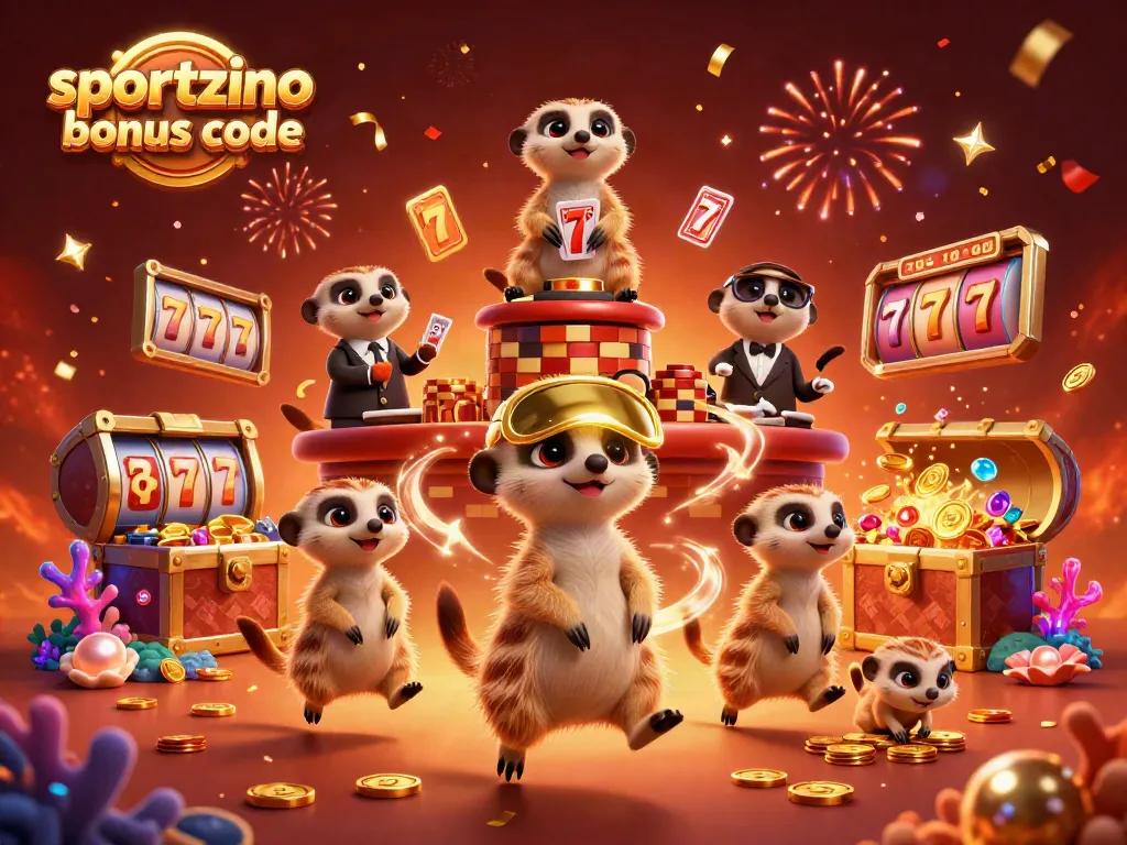 Engage with the sportzino bonus code at a lively meerkat casino featuring vibrant slot symbols and gold coins.
