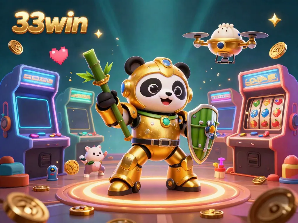 33win features a golden panda-controlled robot in a vibrant casino arena filled with arcade games.