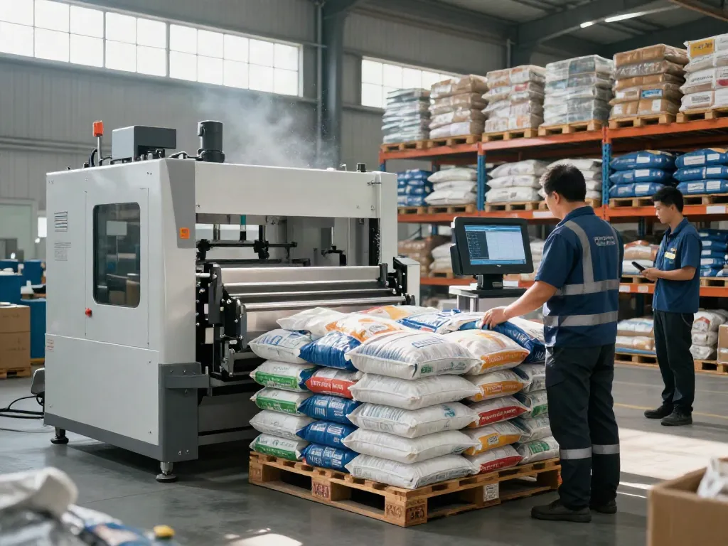 Automatic bag palletizer machine efficiently stacking various bags in a modern industrial setting.