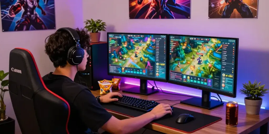 Exciting gaming session on the qqmacan platform featuring a player surrounded by vibrant graphics and memorabilia.