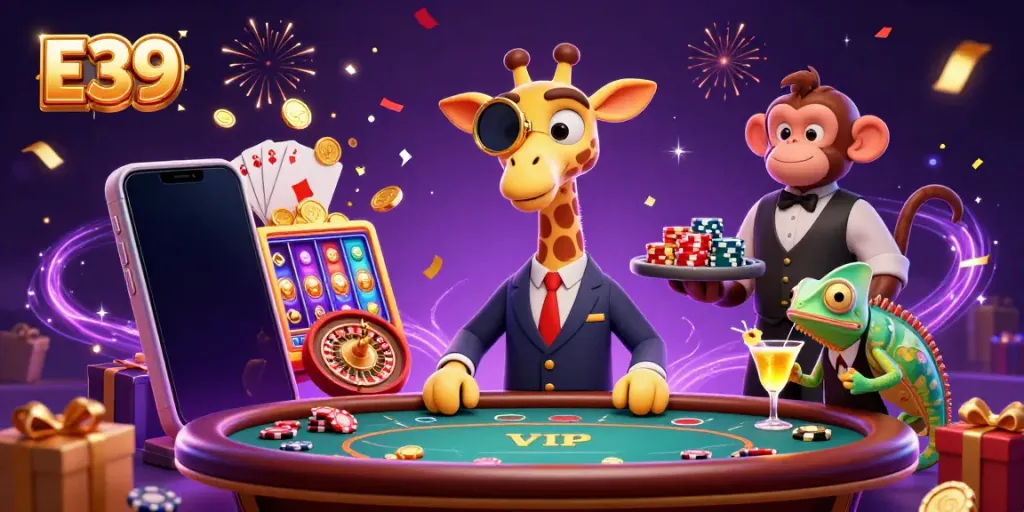 E39 showcases an exciting gambling scene with a high-roller giraffe, monkey valet, and chameleon bartender amidst gaming elements.