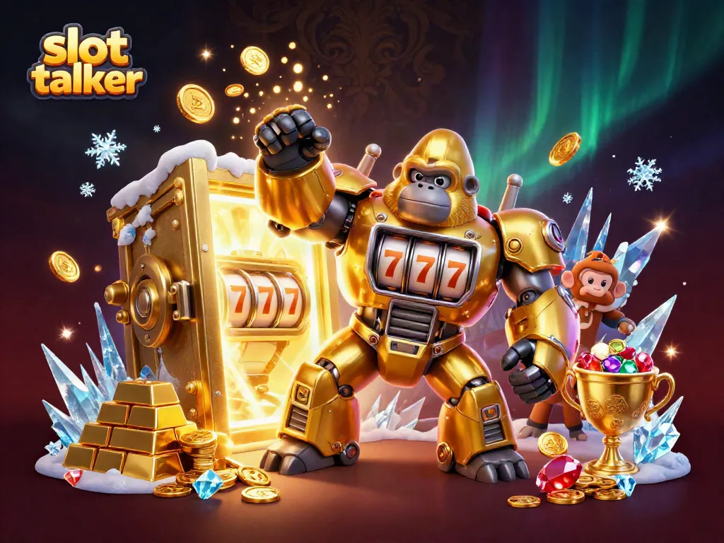 Explore the exciting world of slot talker with a golden gorilla mech bursting with treasures and slot symbols.
