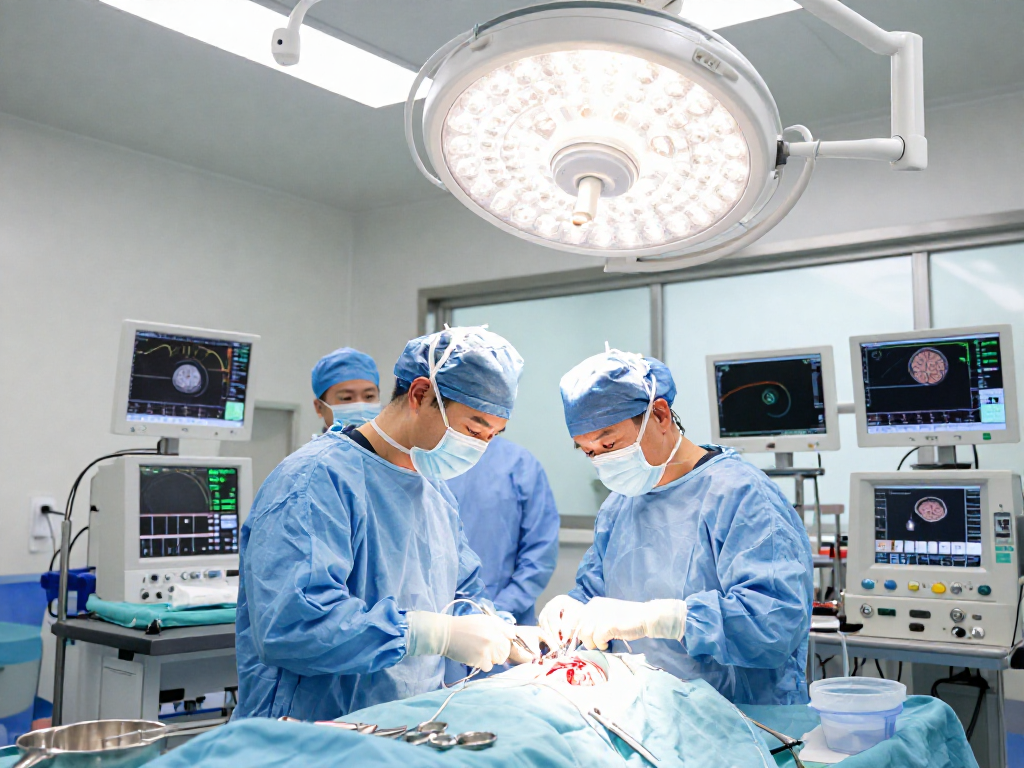beyin tümörü ameliyatı in a modern operating room with a surgical team performing a brain surgery.