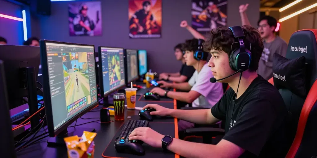 Menikmati permainan ratutogel di arena gaming modern dengan teman-teman.