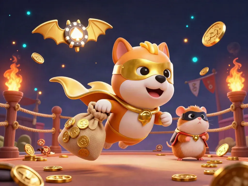 Bujangtoto's thrilling superhero dog flies with a golden cape, surrounded by gold coins and vibrant casino elements.