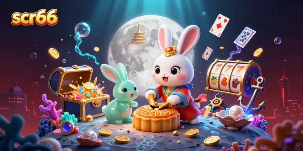 Play exciting games at scr66 with a whimsical illustration of a moon rabbit revealing poker chips.