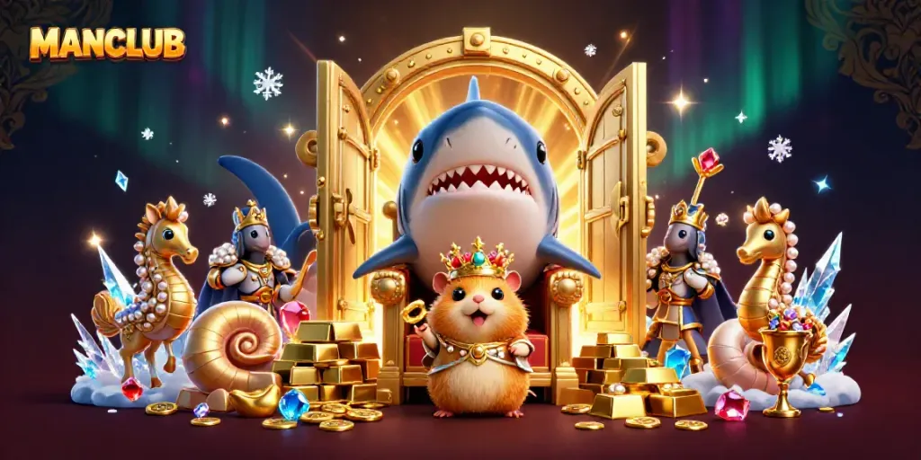 Experience the MANCLUB thrill with a vibrant 3D scene of a hamster king, treasure, and casino elements.