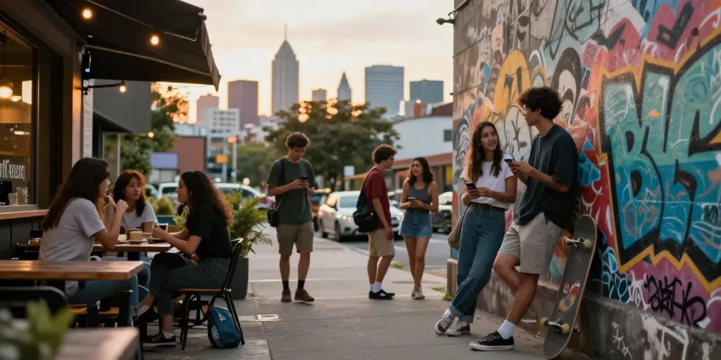 Aktivitas di luar kafe di https://raja77gokil.com/ dengan suasana urban dan teman-teman.