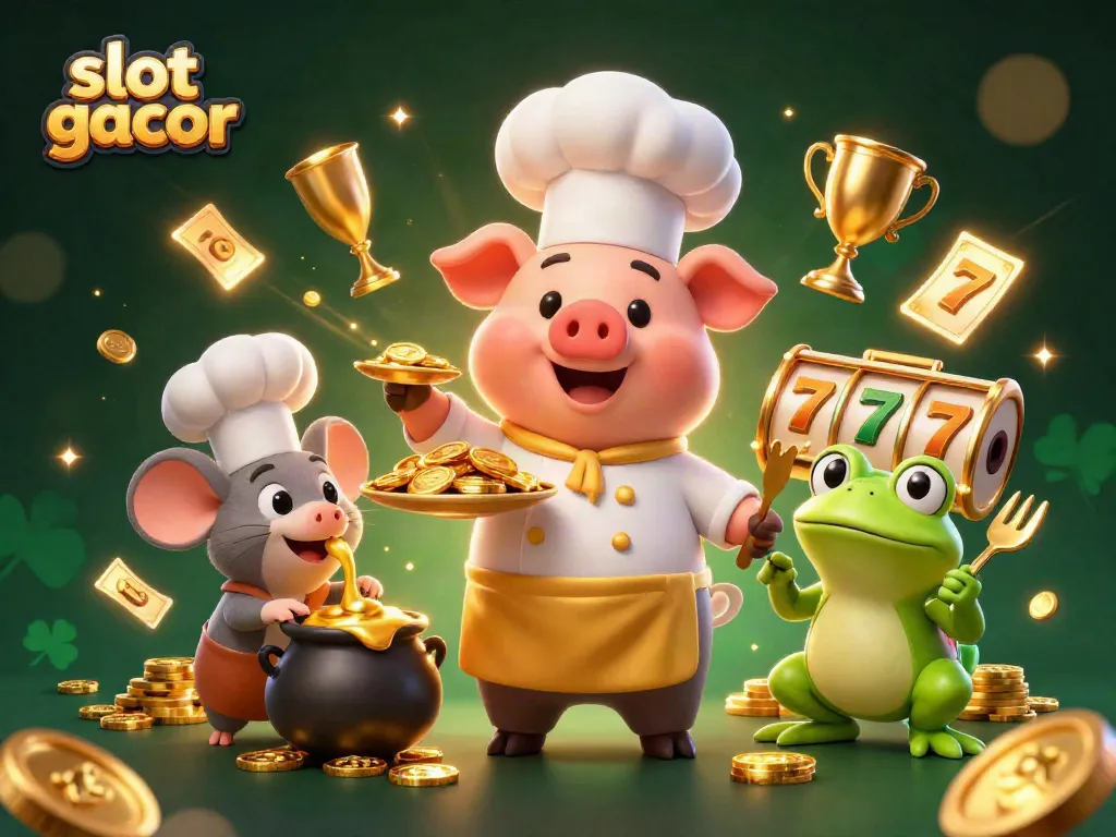 Experience winning chances with slot gacor in a vibrant 3D casino scene filled with gold coins and celebratory elements.