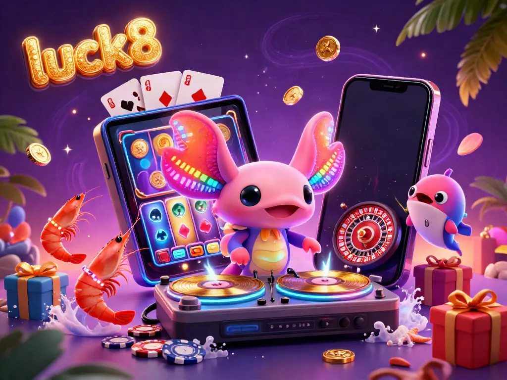 Experience the excitement of luck8 with a neon axolotl DJ and lively shrimp dancing amidst casino games.
