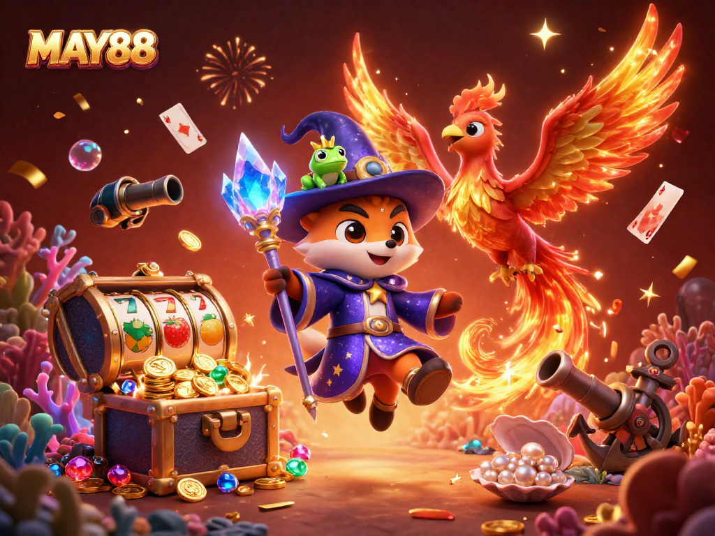 MAY88 casino gaming illustration featuring a wizard fox, a flaming phoenix, and vibrant slot reels