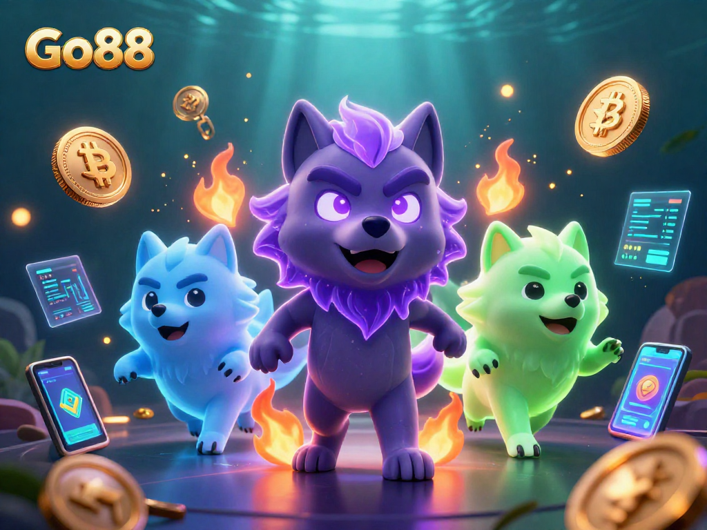 Spin the reels and win at Go88 with immersive 3D casino gaming elements surrounding mystical wolves.
