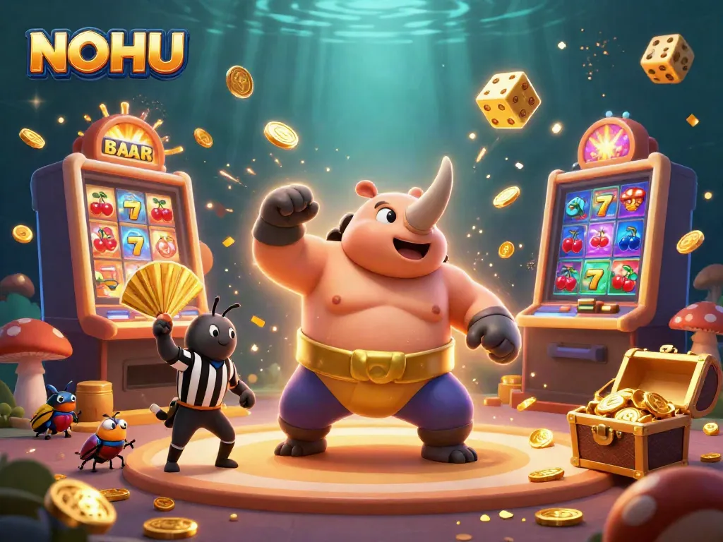 Experience thrilling games at NOHU with vibrant visuals of cartoon characters amidst a casino scene bursting with excitement.