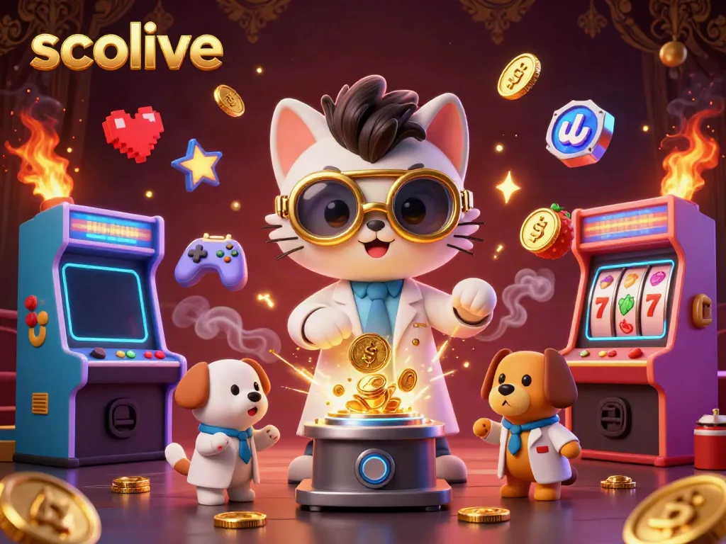 Socolive cat scientist and dog assistant creating gold coin machine amidst lively gambling elements