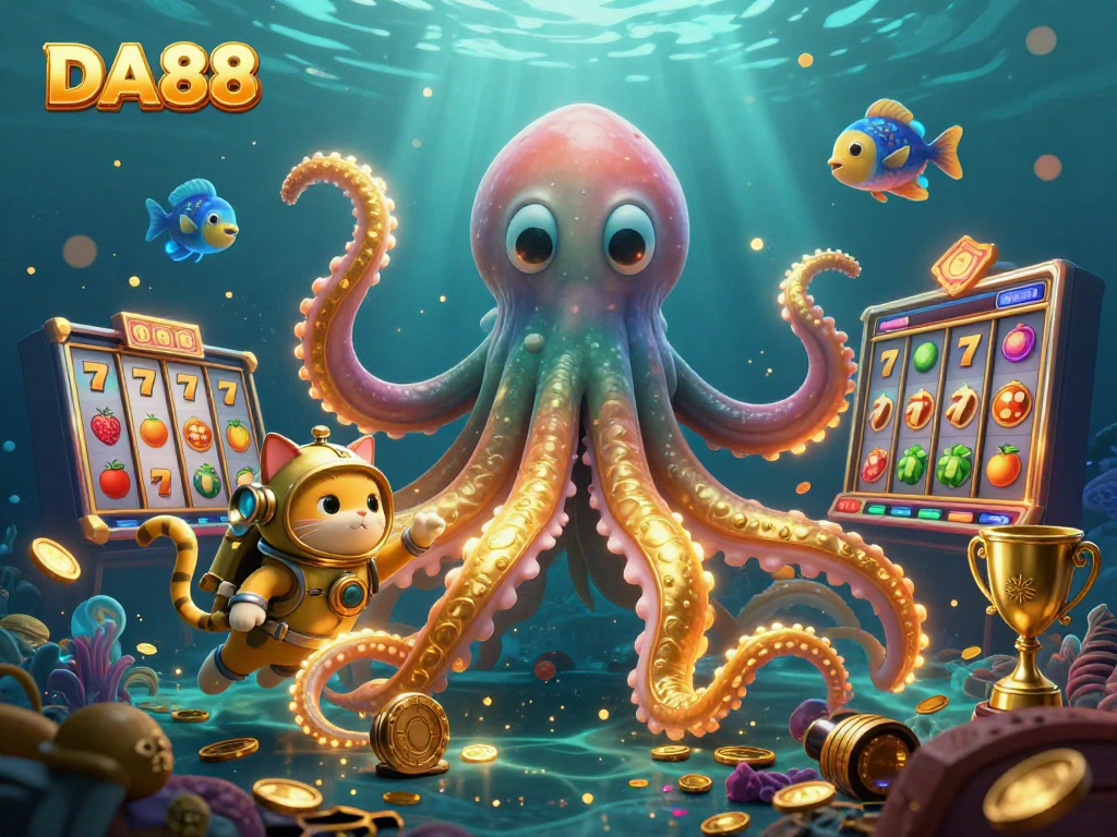 DA88 players enjoy exciting wins in a vibrant underwater casino scene featuring a kraken and diving cat.