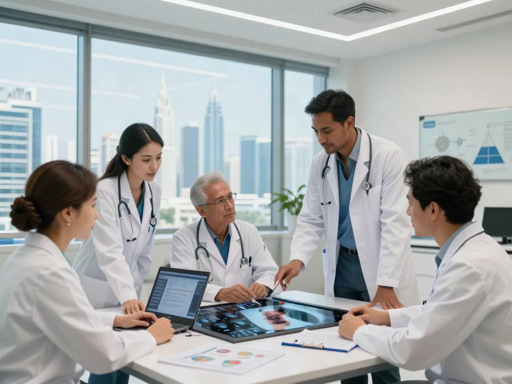 Lung cancer specialists in Abu Dhabi collaborating in a bright consultation room, reviewing patient scans.