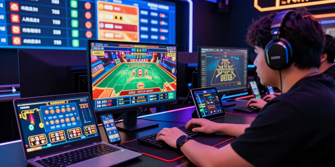 Engaged gamer scrutinizing 먹튀검증 sites while exploring vibrant online casino options, showcasing gaming devices and interactive elements.