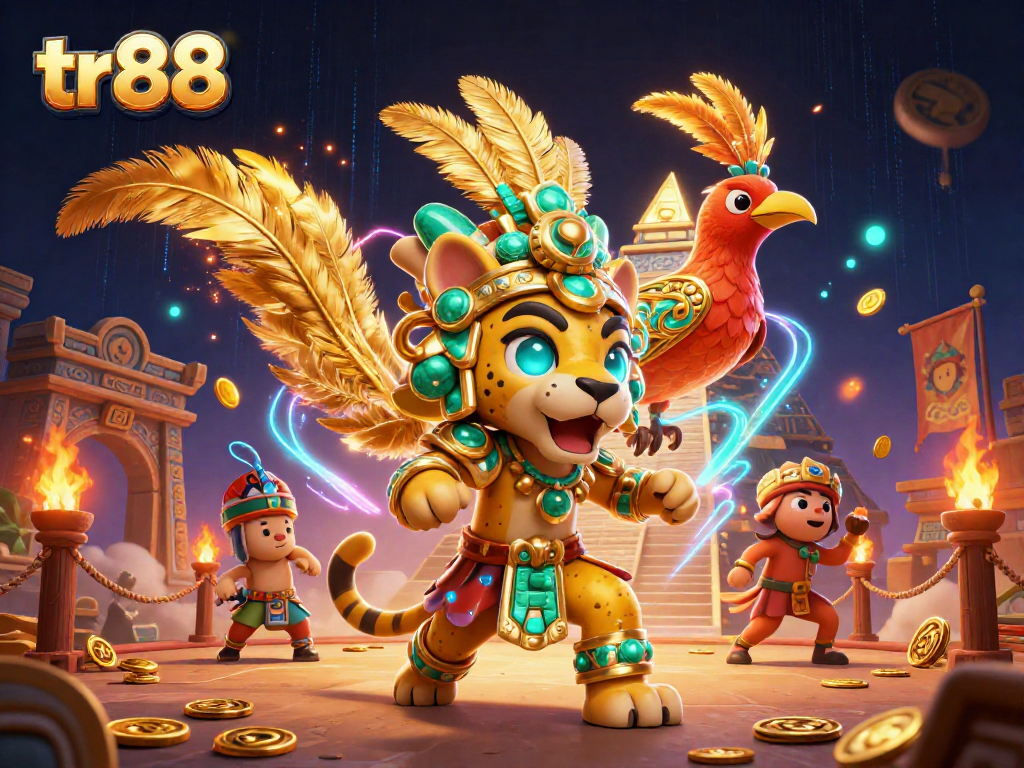 Experience the excitement of tr88 with vibrant gaming elements in a 3D illustrated scene.