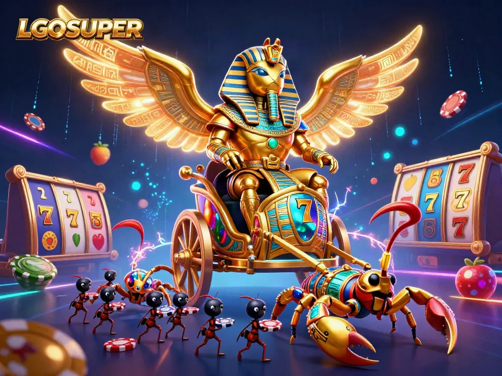 Spin the slots with LGOSUPER as golden scorpions and a beetle create a dazzling casino scene.