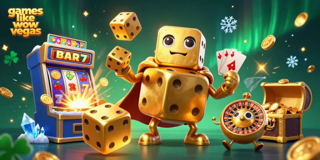 Experience thrilling games like wow vegas with vibrant scenes of golden dice and slot machines.