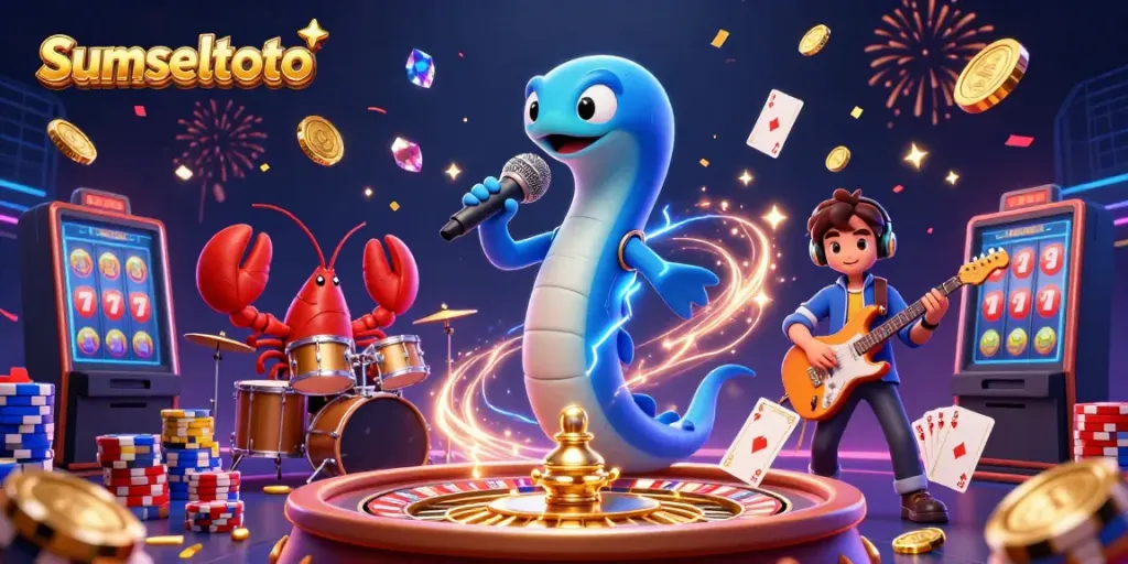 Experience the excitement of Sumseltoto with a vibrant underwater casino scene featuring a DJ electric eel.