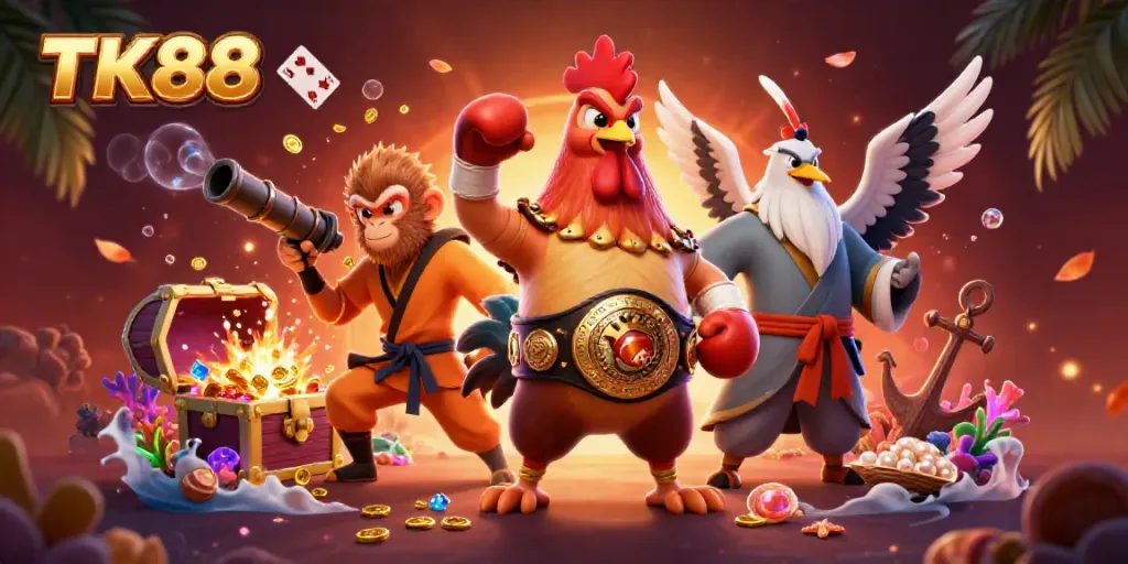Experience the vibrant action of TK88 with a Muay Thai rooster, Shaolin monkey, and wise crane amid casino treasures.