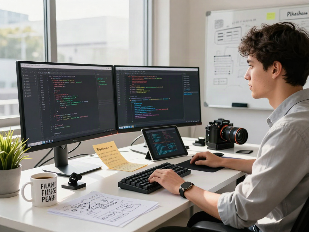 Pikashow app development workspace with software interface and coding elements.