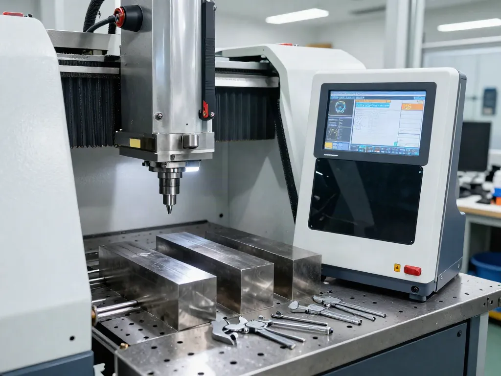 CNC machining parts manufacturer in a professional workshop with a machinist at work.
