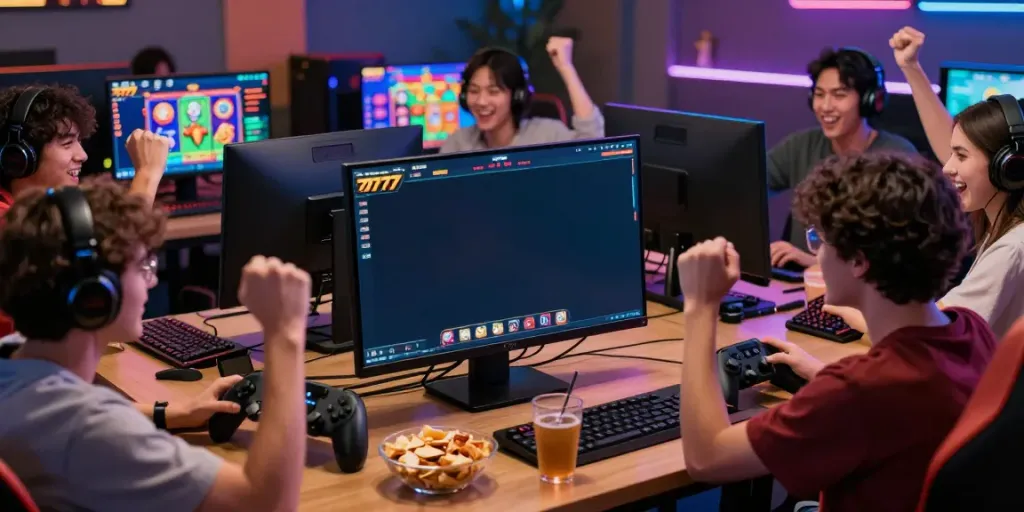 Permainan slot777 online yang menarik dengan teman-teman menikmati momen jackpot.