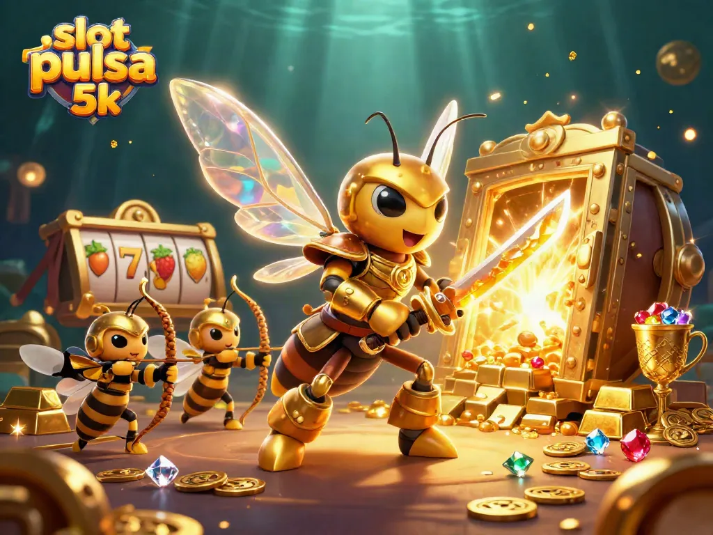 Engage with slot pulsa 5k at a vibrant casino scene featuring treasure, lively characters, and winning opportunities.