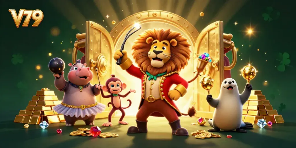 Engage in thrilling gameplay at V79 with a vibrant circus scene featuring a ringmaster lion and sparkling treasures.