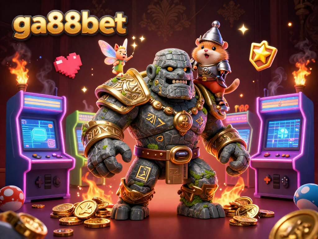 Experience the magic of ga88bet with a golem, fairy, and hamster knight in a vibrant casino scene.