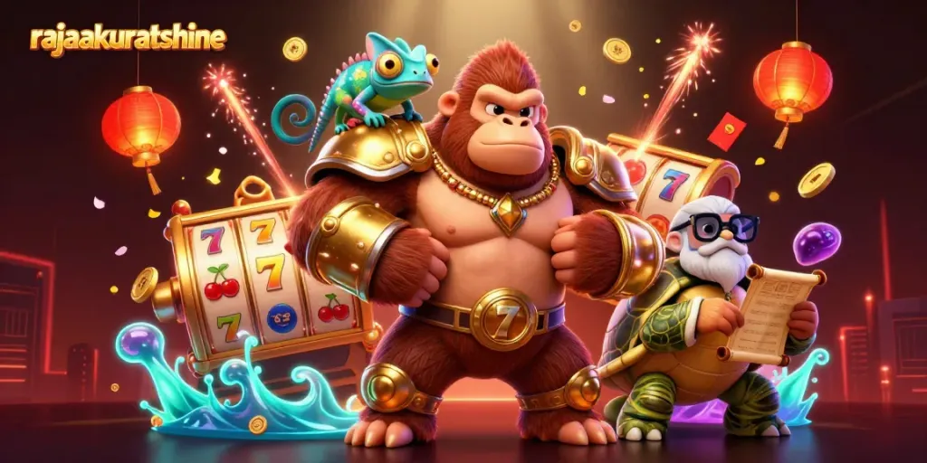 Engage in slots at rajaakuratshine with a dynamic scene of a powerful gorilla king and friends amidst glowing casino elements.