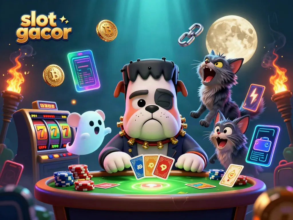 Engaging slot gacor scene with a Frankenstein bulldog dealing cards and vibrant game elements.