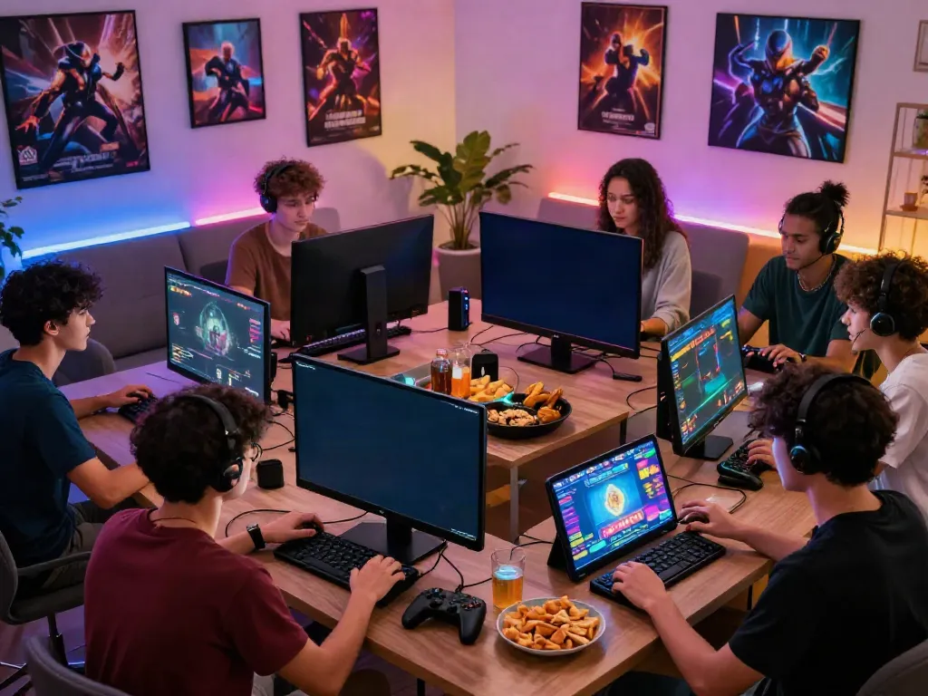 A lively social gaming scene with friends playing variousเกมสล็อต games together in a contemporary home setting.