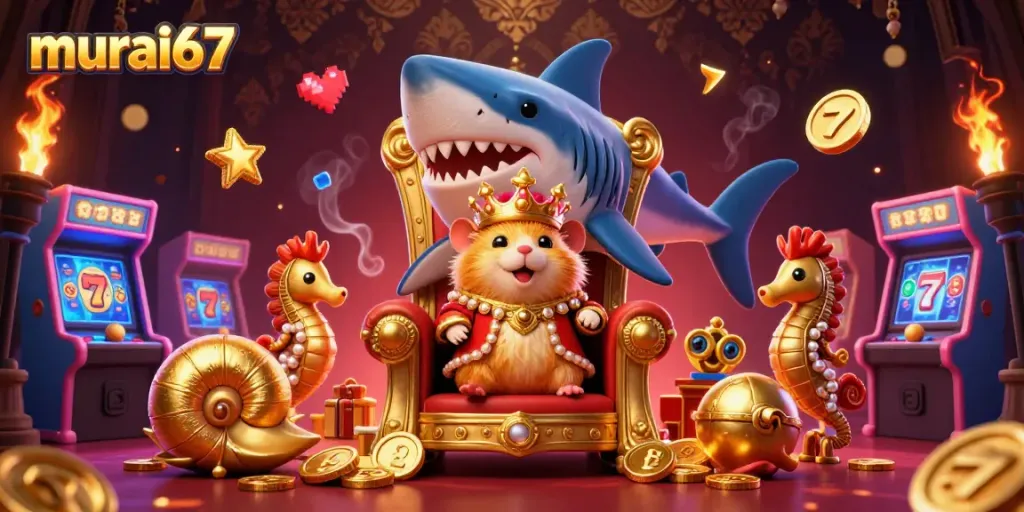 Spin for jackpots with murai67's vibrant casino-themed 3D gold illustrations featuring a fierce golden hamster king.