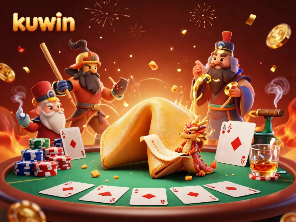 Experience thrilling kuwin casino action with a dragon, gold fortune cookie, and dynamic poker elements.