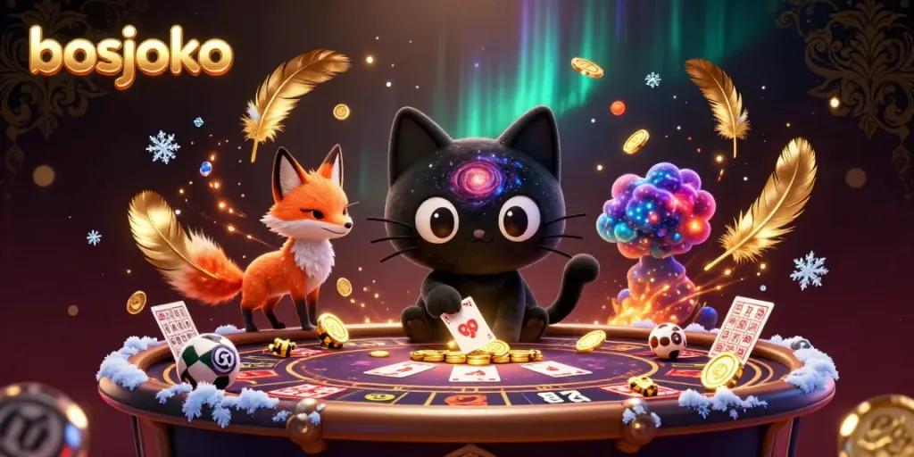 Experience the excitement of gambling with bosjoko, as the cosmic cat pulls in chips and cards amidst a vibrant scene.