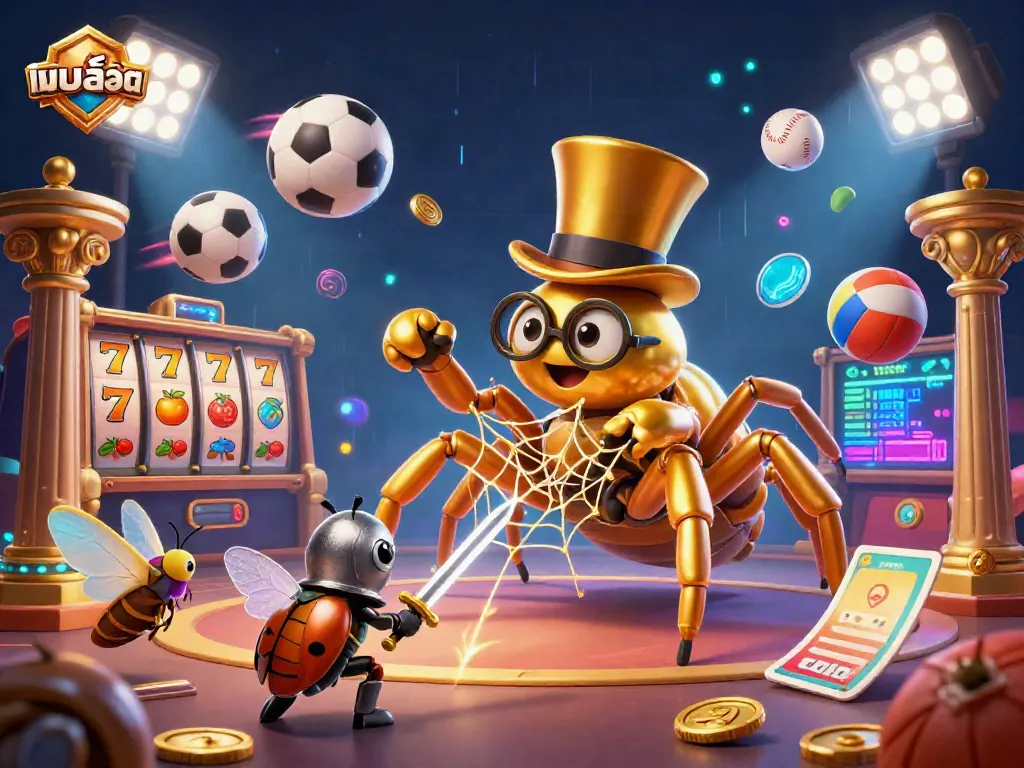 Engage in the vibrant world of แบบสล็อต with a dynamic 3D scene featuring a golden tarantula and beetle knight surrounded by gaming elements.