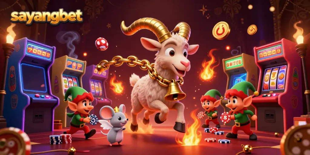 Experience thrilling gaming at sayangbet with a whimsical casino scene featuring Krampus and festive gremlins.