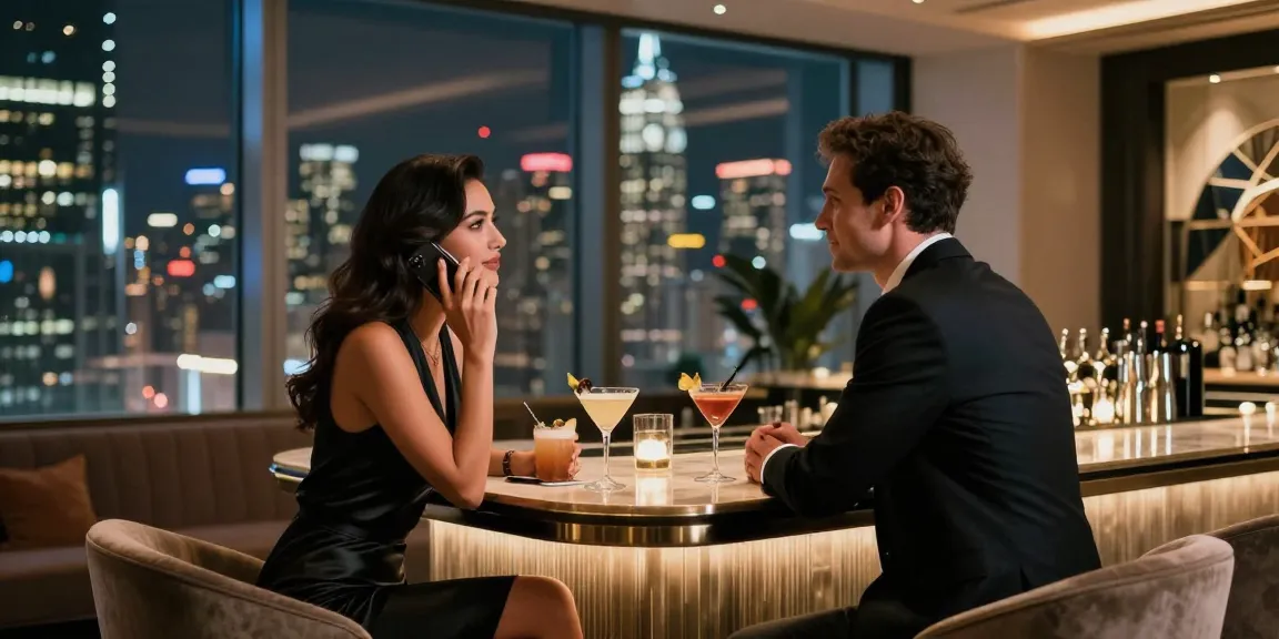 Call girls enjoying an elegant evening in a luxurious urban lounge.