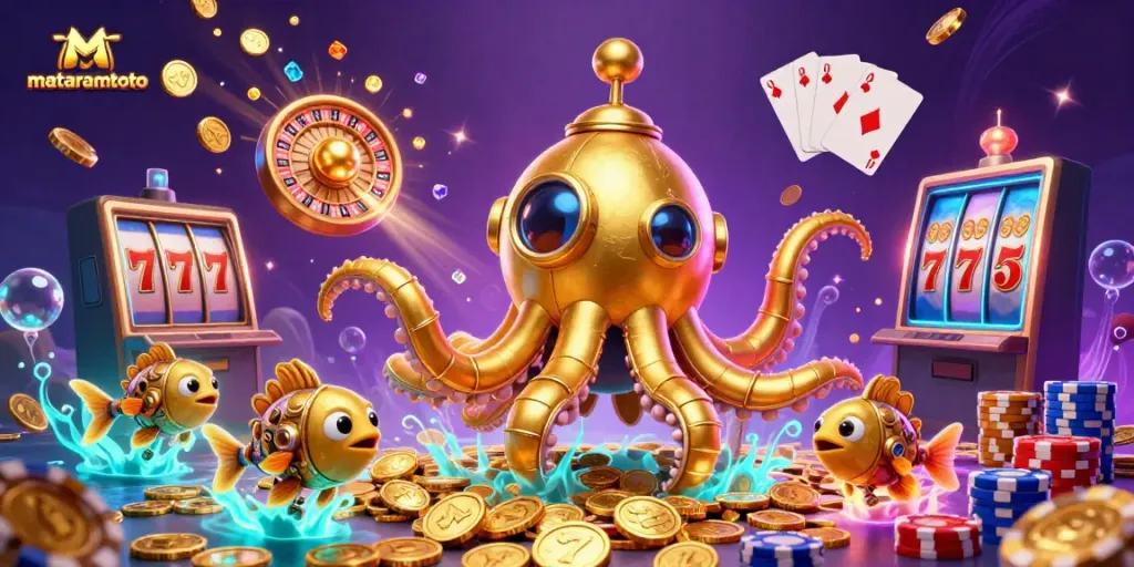 Experience winning spins with mataramtoto's immersive 3D slot games featuring a kraken and golden treasures.