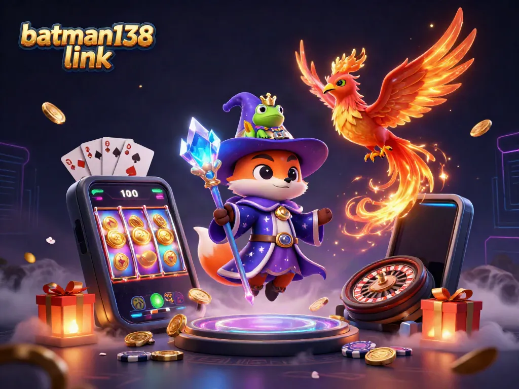 Engage with batman138 link showcasing a mystical wizard fox, phoenix, and casino elements in an enchanting scene.