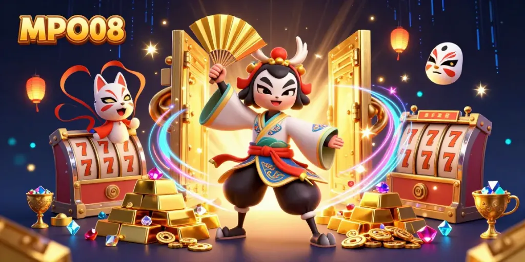 Engage in the vibrant MPO08 casino adventure with kabuki warriors amidst treasures and slot reels.