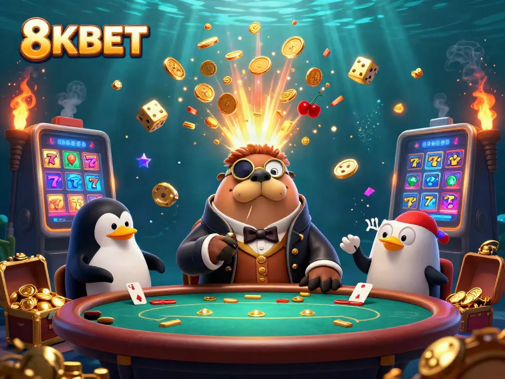 8KBET showcases a dynamic underwater poker scene with a walrus, penguin dealer, and pufferfish amidst vibrant casino elements.